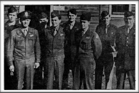 Oflag 64 Kriegies on their way home, pictured at Camp Shelby MS (April 1945) from l-r:  front row - Alphonse Elmer, Paul Hodnette, Francis Stevens, John Mathis; back row - Hiram Wright, Robert Breazeale, Paul Thriffiley Jr., Sidney Farr